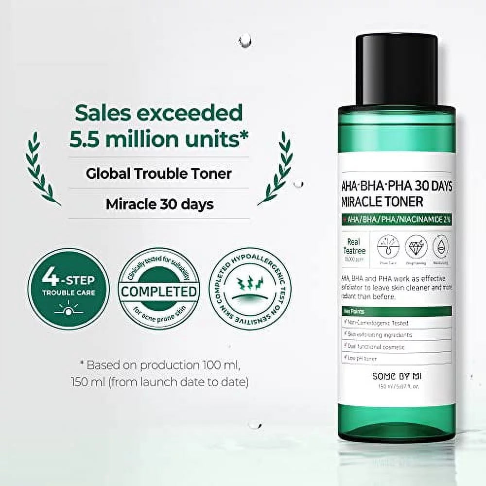 AHA BHA PHA 30 Days Miracle Toner - 5.07Oz, 150Ml - Made from Tea Tree Leaf Water for Sensitive Skin - Mild Exfoliating Daily Facial Toner - Acne, Sebum and Oiliness Care - Facial Skin Care